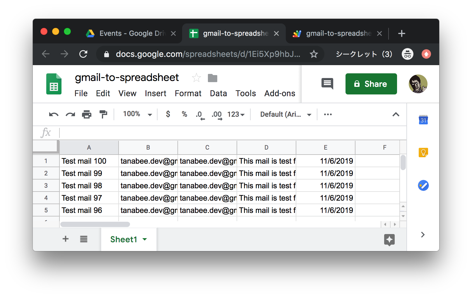 save gmail messages to Spreadsheet